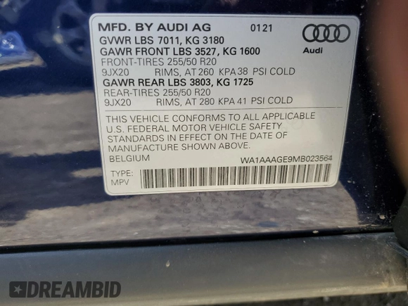 2021 Audi e-tron Premium z VIN WA1AAAGE9MB023564, wystawiony jako Copart lot #43758054 z przebiegiem 28 448 mil mil oraz Szkody całkowita. Historia ofert i sprzedaży dostępna na DreamBid. Obrazek 12.