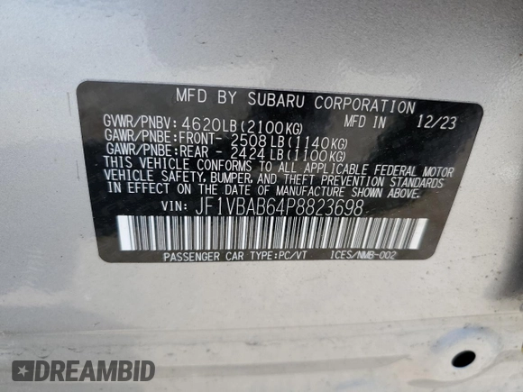 2023 Subaru WRX with VIN JF1VBAB64P8823698, listed as a Copart auction lot 63894334 with Not provided miles and Salvage title. Bid and sale history available at DreamBid. Image 12.