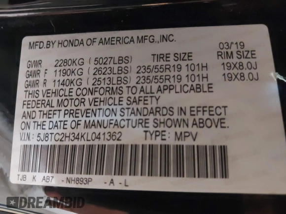2019 Acura RDX with VIN 5J8TC2H34KL041362, listed as a IAAI auction lot 42130242 with 75,958 mi miles and . Bid and sale history available at DreamBid. Image 9.