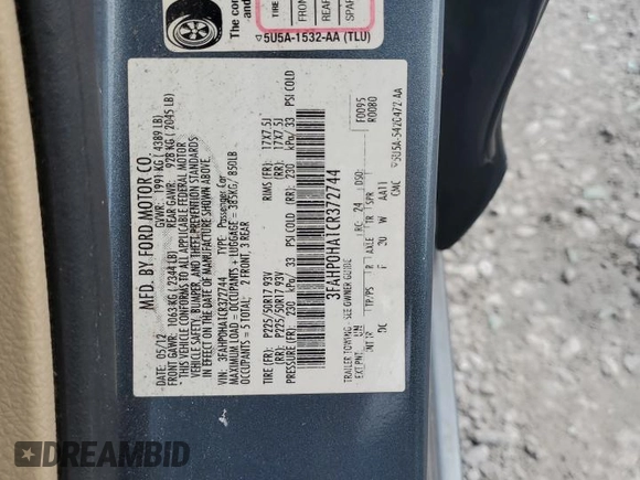 2012 Ford Fusion SE z VIN 3FAHP0HA1CR372744, wystawiony jako Copart lot #59118315 z przebiegiem Nie podano mil oraz Szkoda całkowita • Salvage title. Historia ofert i sprzedaży dostępna na DreamBid. Obrazek 12.