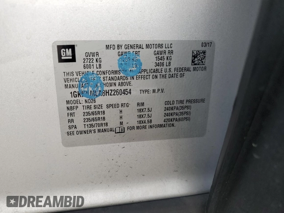 2017 GMC Acadia SLT with VIN 1GKKNMLA8HZ260454, listed as a Copart auction lot 41510045 with 81,093 mi miles and Salvage Title. Bid and sale history available at carsss.com. Image 13.