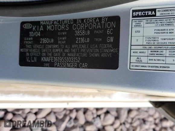 2005 Kia Spectra with VIN KNAFE161955103152, listed as a Copart auction lot 78554024 with 110,142 mi miles and Clean Title. Bid and sale history available at carsss.com. Image 13.