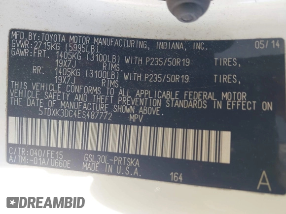 2014 Toyota Sienna SE with VIN 5TDXK3DC4ES487772, listed as a IAAI auction lot 41218295 with 153,368 mi miles and . Bid and sale history available at DreamBid. Image 9.