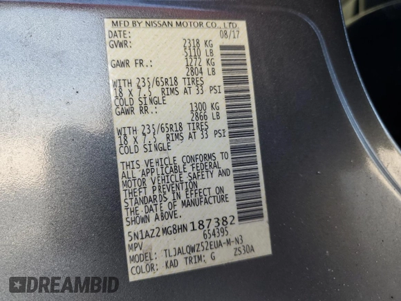 2017 Nissan Murano S with VIN 5N1AZ2MG8HN187382, listed as a Copart auction lot 55099445 with 155,727 mi miles and Salvage Title. Bid and sale history available at carsss.com. Image 14.