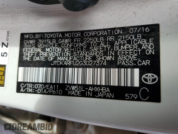 2016 Toyota Prius Four with VIN JTDKARFU2G3027374, listed as a Copart auction lot 51896125 with 128,734 mi miles and Salvage Title. Bid and sale history available at DreamBid. Image 12.