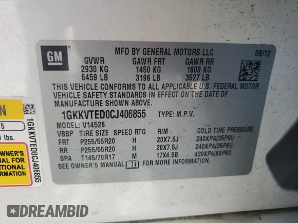 2012 GMC Acadia Denali with VIN 1GKKVTED0CJ406855, listed as a Copart auction lot 53662255 with 118,053 mi miles and Salvage Title. Bid and sale history available at carsss.com. Image 13.