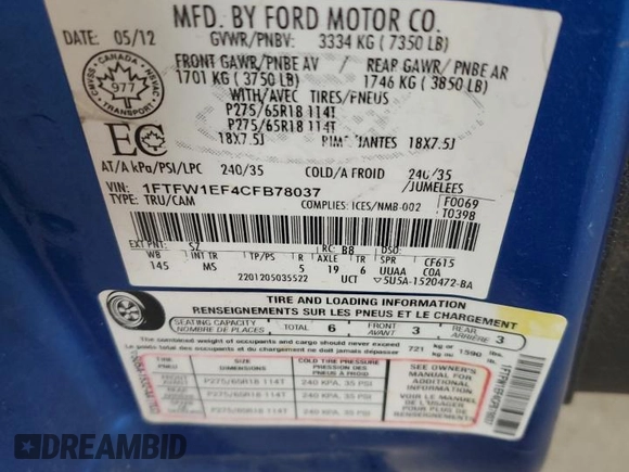 2012 Ford F-150 XL with VIN 1FTFW1EF4CFB78037, listed as a Copart auction lot 52012325 with 246,863 mi miles and Clean Title. Bid and sale history available at carsss.com. Image 12.