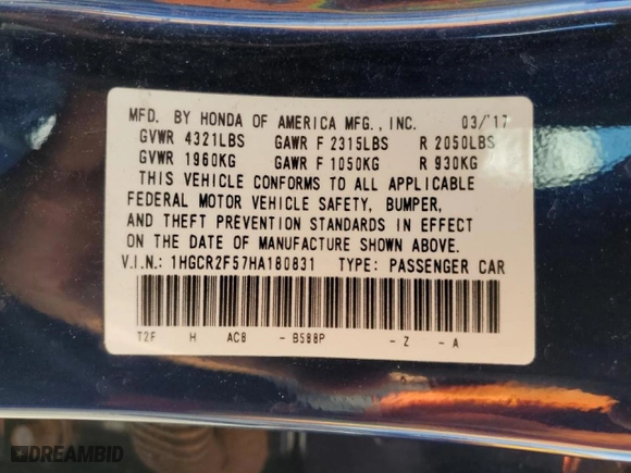 2017 Honda Accord Sedan Sport with VIN 1HGCR2F57HA180831, listed as a Copart auction lot 44081505 with 41,940 mi miles and Salvage Title. Bid and sale history available at carsss.com. Image 12.