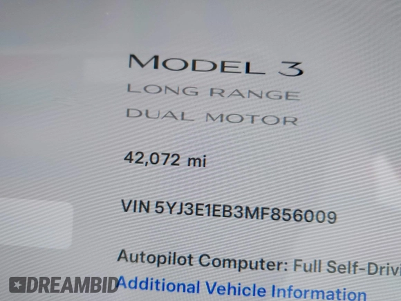 2021 Tesla Model 3 Long Range with VIN 5YJ3E1EB3MF856009, listed as a IAAI auction lot 41809767 with 42,072 mi miles. Bid and sale history available at carsss.com. Image 16.