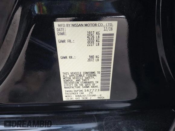 2017 Nissan Altima SV with VIN 1N4AL3AP5HC167723, listed as a IAAI auction lot 41500427 with 113,174 mi miles and . Bid and sale history available at DreamBid. Image 9.