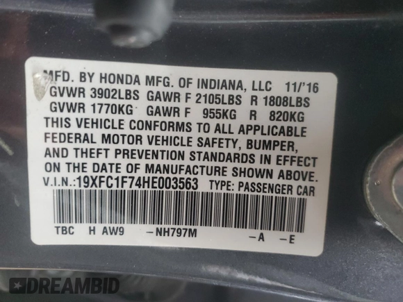 2017 Honda Civic Sedan EX-L with VIN 19XFC1F74HE003563, listed as a Copart auction lot 86377304 with 132,571 mi miles and Salvage Title. Bid and sale history available at carsss.com. Image 13.