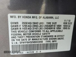 2019 Honda Pilot EX-L with VIN 5FNYF6H52KB043098, listed as a Copart auction lot 59011445 with 88,398 mi miles and Salvage title. Bid and sale history available at DreamBid. Image 13.