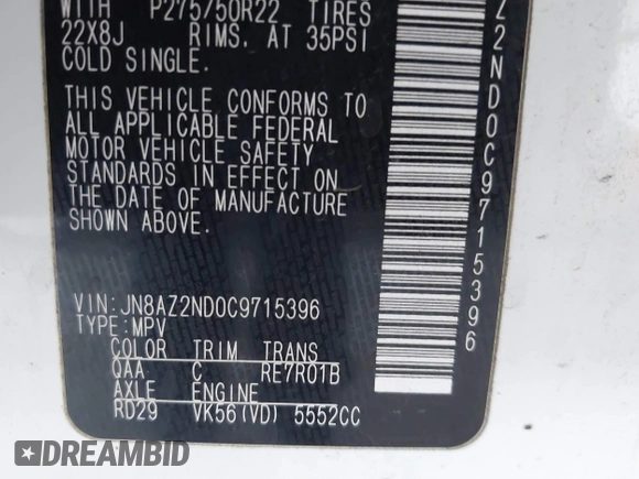 2012 Infiniti QX56 8-passenger with VIN JN8AZ2ND0C9715396, listed as a IAAI auction lot 41267602 with 206,630 mi miles and . Bid and sale history available at DreamBid. Image 9.