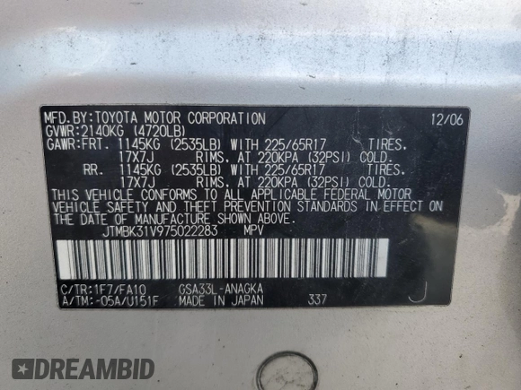 2007 Toyota RAV4 Limited with VIN JTMBK31V975022283, listed as a Copart auction lot 54124325 with 266,923 mi miles and Non Repairable. Bid and sale history available at carsss.com. Image 13.