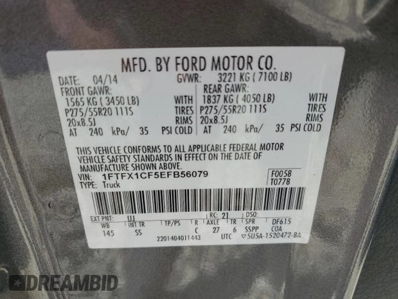 2014 Ford F-150 XL с VIN 1FTFX1CF5EFB56079, выставлен на аукционе Copart как лот 57345505 с пробегом 159 774 миль миль и Списание • Salvage title. История ставок и продаж доступна на DreamBid. Изображение 12.