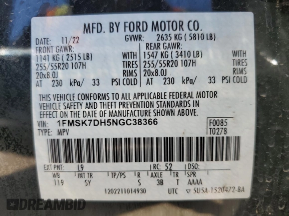2022 Ford Explorer XLT z VIN 1FMSK7DH5NGC38366, wystawiony jako Copart lot #56390465 z przebiegiem 24 909 mil mil oraz Szkoda całkowita • Salvage title. Historia ofert i sprzedaży dostępna na DreamBid. Obrazek 14.