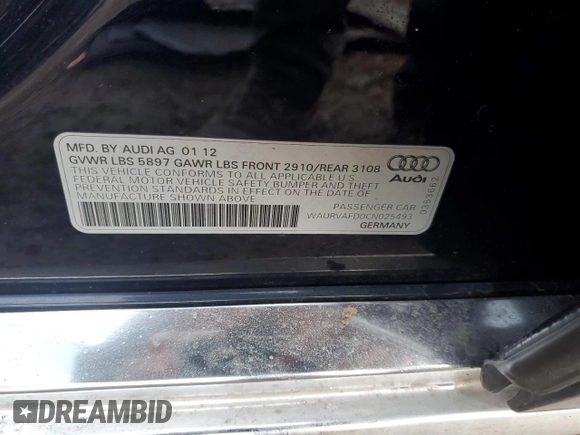 2012 Audi A8 with VIN WAURVAFD0CN025493, listed as a Copart auction lot 86454994 with 142,779 mi miles and Salvage Title. Bid and sale history available at DreamBid. Image 14.
