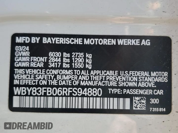 2024 BMW i4 xDrive40 z VIN WBY83FB06RFS94880, wystawiony jako Copart lot #45084805 z przebiegiem 7 053 mil mil oraz Szkoda całkowita • Salvage title. Historia ofert i sprzedaży dostępna na DreamBid. Obrazek 12.