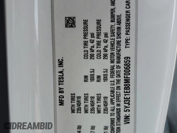 2021 Tesla Model 3 Long Range with VIN 5YJ3E1EB8MF006859, listed as a Copart auction lot 50344475 with 41,462 mi miles and Salvage Title. Bid and sale history available at DreamBid. Image 12.