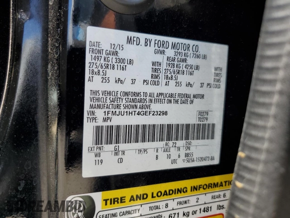 2016 Ford Expedition XLT with VIN 1FMJU1HT4GEF23298, listed as a Copart auction lot 62789325 with 122,157 mi miles and Salvage title. Bid and sale history available at DreamBid. Image 13.