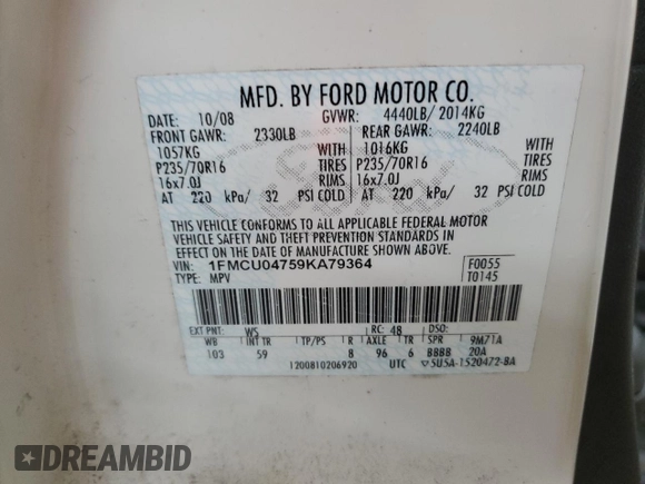2009 Ford Escape Limited with VIN 1FMCU04759KA79364, listed as a Copart auction lot 56687065 with 186,105 mi miles and Salvage title. Bid and sale history available at DreamBid. Image 13.