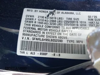 2020 Honda Odyssey Elite with VIN 5FNRL6H95LB052590, listed as a IAAI auction lot 42231280 with 65,165 mi miles and . Bid and sale history available at DreamBid. Image 9.