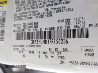 2015 Ford Fusion SE with VIN 3FA6P0HD1FR156236, listed as a IAAI auction lot 41757479 with 154,946 mi miles. Bid and sale history available at carsss.com. Image 9.