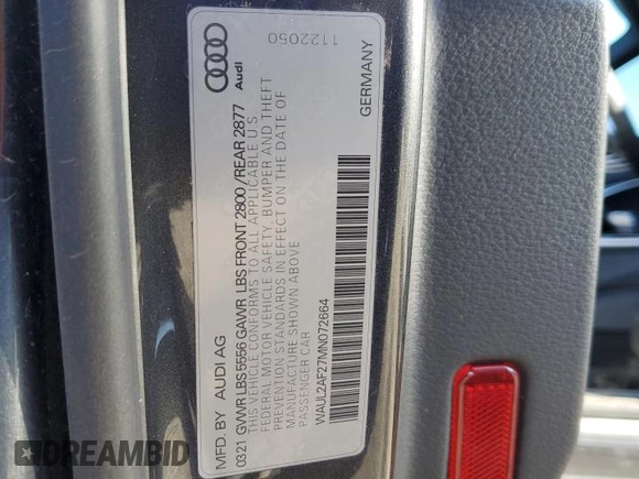 2021 Audi A6 Premium Plus with VIN WAUL2AF27MN072664, listed as a Copart auction lot 88597315 with 59,087 mi miles and Salvage Title. Bid and sale history available at carsss.com. Image 12.