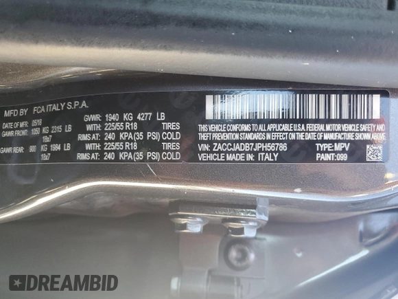 2018 Jeep Renegade Limited with VIN ZACCJADB7JPH56786, listed as a Copart auction lot 48423375 with 85,964 mi miles and Salvage title. Bid and sale history available at DreamBid. Image 12.