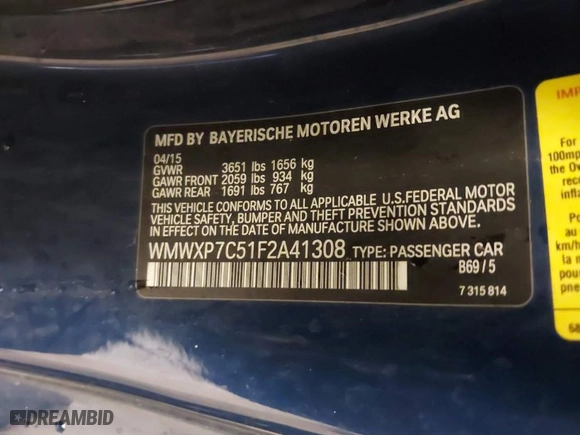 2015 MINI Cooper Hardtop S with VIN WMWXP7C51F2A41308, listed as a IAAI auction lot 41479097 with NaN miles. Bid and sale history available at carsss.com. Image 9.
