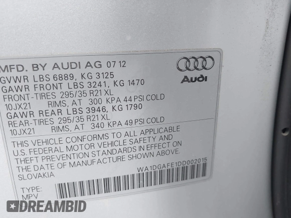 2013 Audi Q7 S line Prestige с VIN WA1DGAFE1DD002015, выставлен на аукционе IAAI как лот 42171470 с пробегом 165 026 миль миль и . История ставок и продаж доступна на DreamBid. Изображение 9.