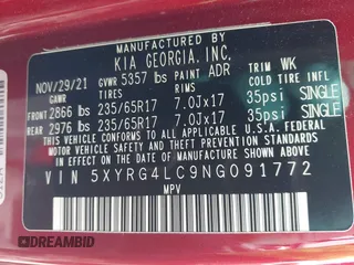 2022 Kia Sorento LX z VIN 5XYRG4LC9NG091772, wystawiony jako IAAI lot #42092771 z przebiegiem 6 753 mil mil oraz . Historia ofert i sprzedaży dostępna na DreamBid. Obrazek 9.