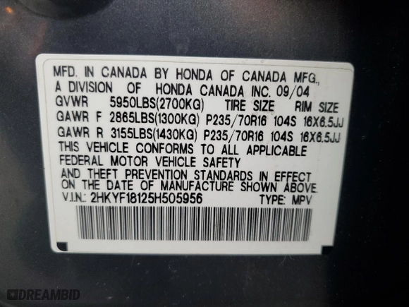 2005 Honda Pilot LX with VIN 2HKYF18125H505956, listed as a Copart auction lot 49728655 with 275,696 mi miles and Salvage Title. Bid and sale history available at carsss.com. Image 15.