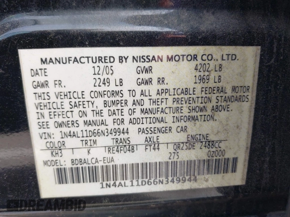 2006 Nissan Altima S with VIN 1N4AL11D66N349944, listed as a IAAI auction lot 42260256 with 196,128 mi miles and . Bid and sale history available at DreamBid. Image 9.