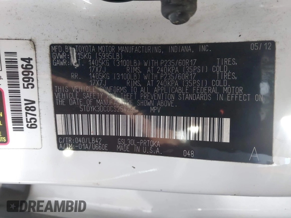 2012 Toyota Sienna XLE AAS with VIN 5TDYK3DC0CS254294, listed as a IAAI auction lot 41274822 with 135,135 mi miles and . Bid and sale history available at carsss.com. Image 9.