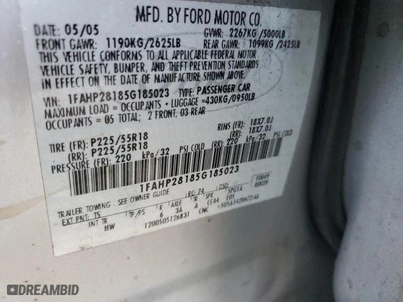 2005 Ford Five Hundred Limited with VIN 1FAHP28185G185023, listed as a Copart auction lot 42235535 with 0 mi miles and Salvage Title. Bid and sale history available at carsss.com. Image 12.
