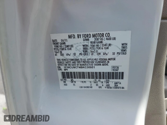 2011 Ford Escape XLS with VIN 1FMCU9C74BKC30951, listed as a Copart auction lot 57912165 with 159,079 mi miles and Salvage title. Bid and sale history available at DreamBid. Image 13.