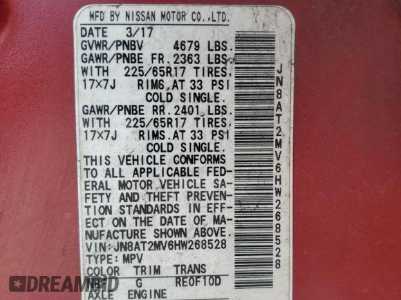 2017 Nissan Rogue S with VIN JN8AT2MV6HW268528, listed as a Copart auction lot 61967925 with 209,376 mi miles and Clean title. Bid and sale history available at DreamBid. Image 13.