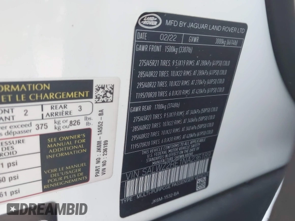 2022 Land Rover Range Rover Sport SVR with VIN SALWZ2RE1NA236189, listed as a IAAI auction lot 41950258 with 46,214 mi miles and . Bid and sale history available at DreamBid. Image 9.