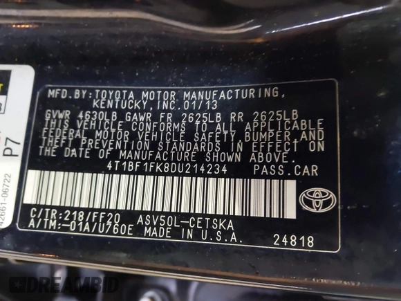 2013 Toyota Camry L with VIN 4T1BF1FK8DU214234, listed as a IAAI auction lot 41976929 with 141,242 mi miles. Bid and sale history available at carsss.com. Image 9.