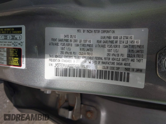 2010 Mazda CX-9 Touring with VIN JM3TB3MVXA0227428, listed as a IAAI auction lot 42055757 with 252,858 mi miles and . Bid and sale history available at DreamBid. Image 9.