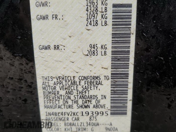 2019 Nissan Altima 2.5 Platinum with VIN 1N4BL4FV2KC193995, listed as a Copart auction lot 44106215 with 59,488 mi miles and Salvage Title. Bid and sale history available at carsss.com. Image 12.