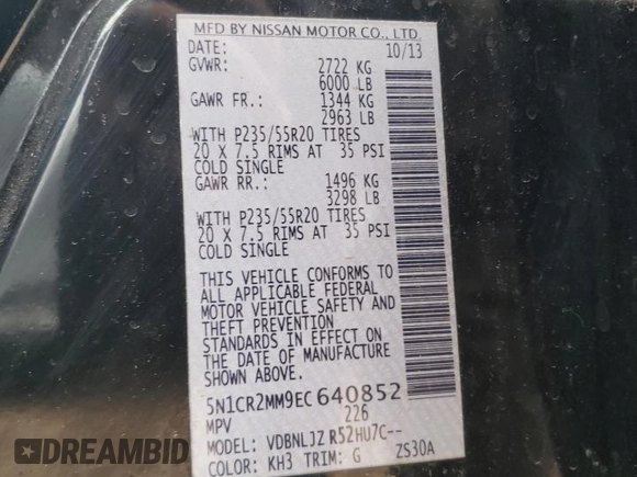 2014 Nissan Pathfinder Platinum Hybrid with VIN 5N1CR2MM9EC640852, listed as a Copart auction lot 58529935 with 70,162 mi miles and Clean title. Bid and sale history available at DreamBid. Image 13.