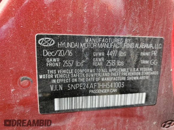 2017 Hyundai Sonata 2.4L with VIN 5NPE24AF1HH541003, listed as a Copart auction lot 52956185 with 86,756 mi miles and Salvage Title. Bid and sale history available at carsss.com. Image 13.