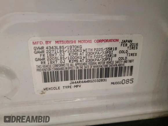 2016 Mitsubishi Outlander SEL with VIN JA4AR4AW8GZ032831, listed as a Copart auction lot 54499355 with 110,402 mi miles and Salvage title. Bid and sale history available at DreamBid. Image 12.