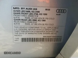 2021 Audi Q5 Premium with VIN WA1AAAFY5M2005042, listed as a Copart auction lot 46650665 with 47,918 mi miles and Salvage Title. Bid and sale history available at carsss.com. Image 13.