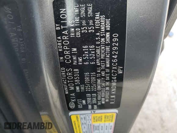 2012 Kia Sedona LX with VIN KNDMG4C7XC6429290, listed as a Copart auction lot 75205014 with 131,359 mi miles and Salvage Title. Bid and sale history available at carsss.com. Image 13.