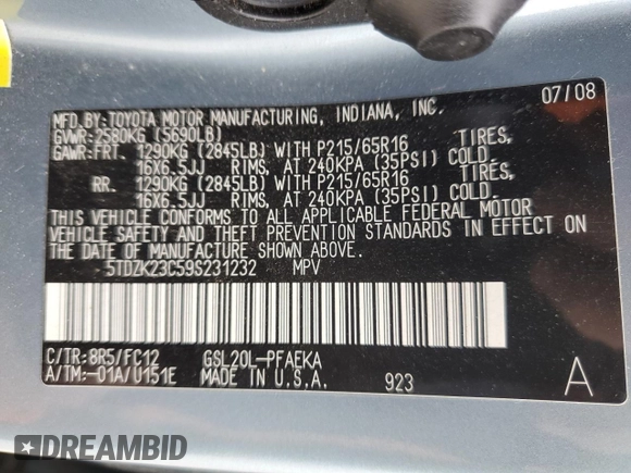 2009 Toyota Sienna CE with VIN 5TDZK23C59S231232, listed as a Copart auction lot 45348075 with 226,827 mi miles and Clean Title. Bid and sale history available at DreamBid. Image 13.