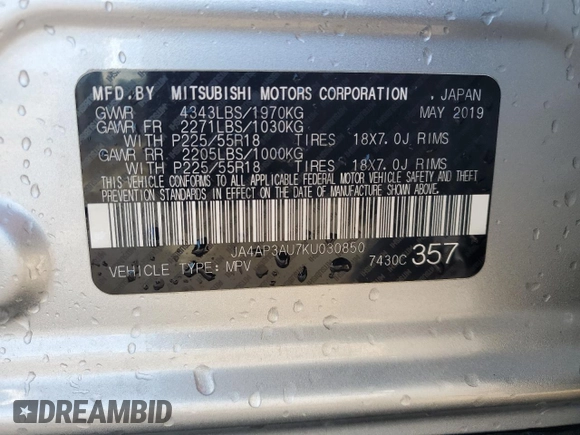 2019 Mitsubishi Outlander Sport ES 2.0 with VIN JA4AP3AU7KU030850, listed as a Copart auction lot 87223784 with 108,161 mi miles and Salvage Title. Bid and sale history available at carsss.com. Image 13.