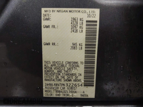 2023 Nissan Altima S with VIN 1N4BL4BV7PN322654, listed as a IAAI auction lot 41384008 with 37,561 mi miles and . Bid and sale history available at DreamBid. Image 9.